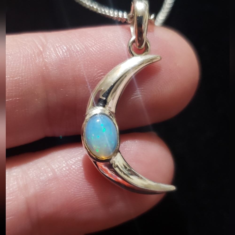 Genuine Ethiopian Opal Moon Pendant ~ 925 Sterling Silver